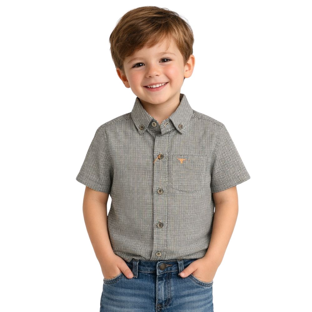 Camisa Infantil Laço Forte Xadrez Caqui Logo Laranja Manga Curta Ref:1710