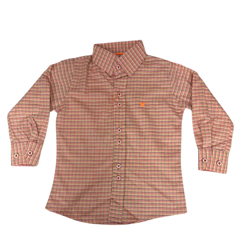 Camisa Infantil Laço Forte Xadrez Com Logo Laranja Manga Longa Ref:2025