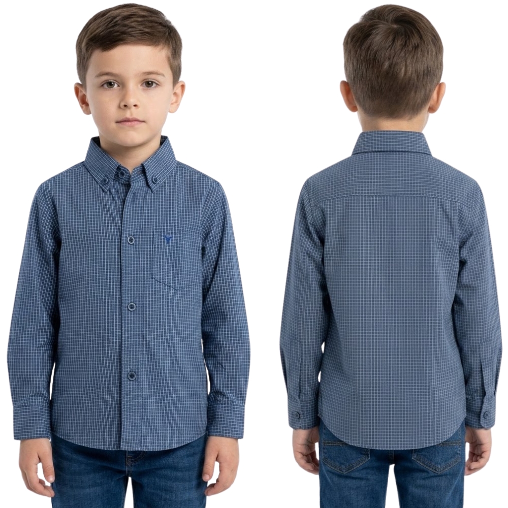 Camisa Infantil Laço Forte Xadrez  Manga Longa Azul Com Logo Bordado No Mesmo Tom - Ref:1711