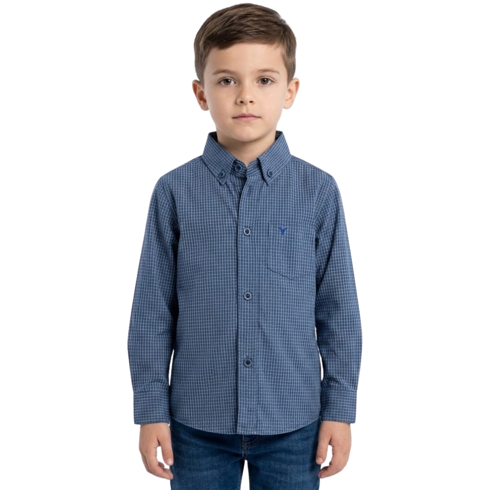 Camisa Infantil Laço Forte Xadrez  Manga Longa Azul Logo Azul Ref:1711