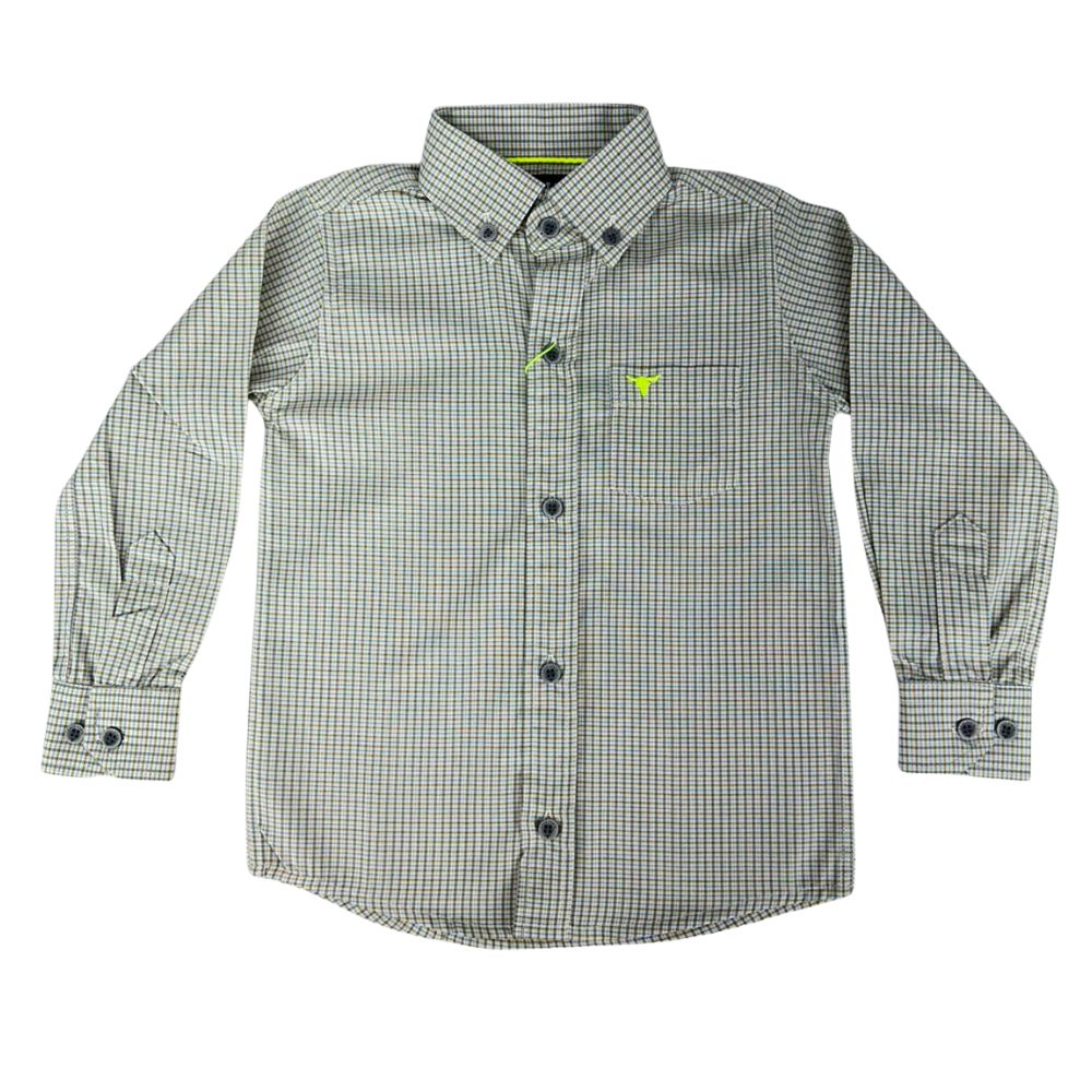 Camisa Infantil Laço Forte Xadrez Verde Claro Manga Longa Com Logo Verde Neon Ref:1711