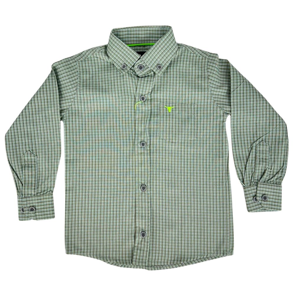 Camisa Infantil Laço Forte Xadrez Verde Claro Manga Longa Com Logo Verde Neon Ref:1711