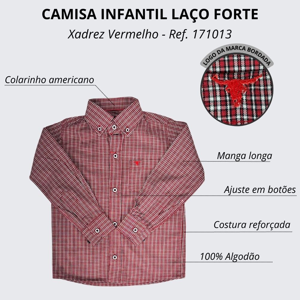 Camisa Infantil Laço Forte Xadrez Vermelha Manga Longa Com Logo