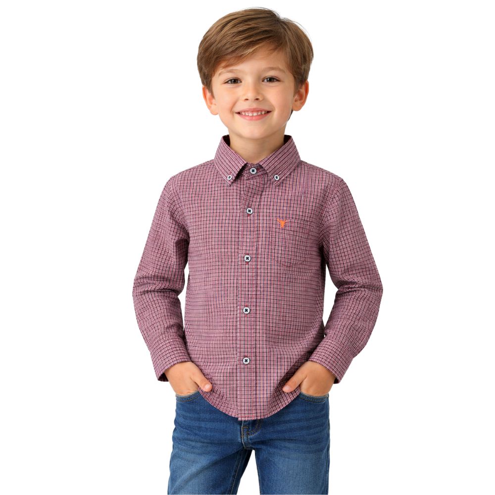 Camisa Infantil Laço Forte Xadrez Vermelho Com Logo Laranja Manga Longa Ref:1711