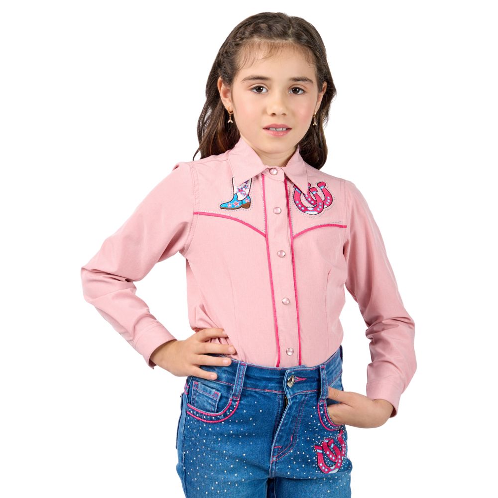 Camisa Infantil Miss Country Little Lucky Rosa Pink Manga Longa Com Bordado E Brilho Na Lapela Ref:002091