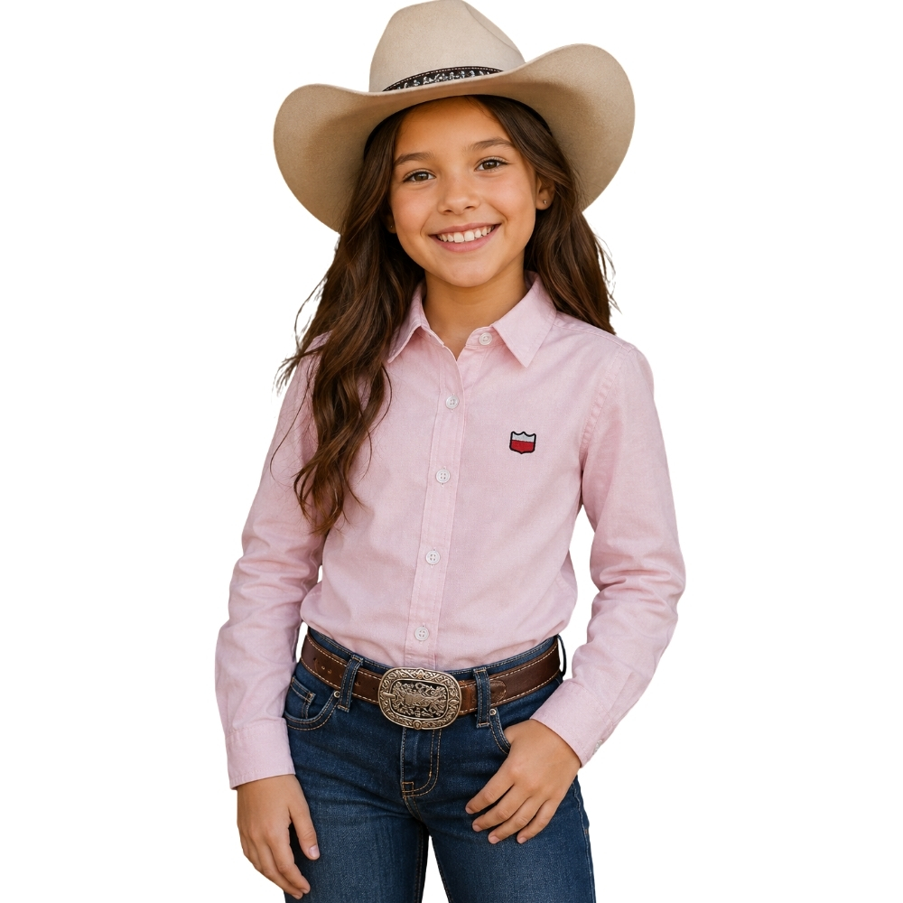 Camisa Infantil Os Vaqueiros Feminina Kids/Teen Oxfordine Manga Longa Rosa REF:V26-25002
