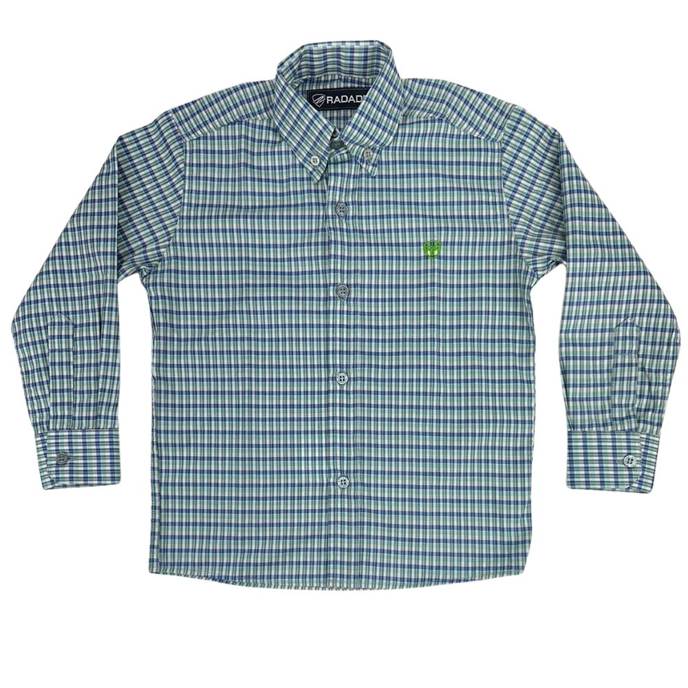 Camisa Infantil Radade Xadrez Azul/Verde Com Logo Verde Limão