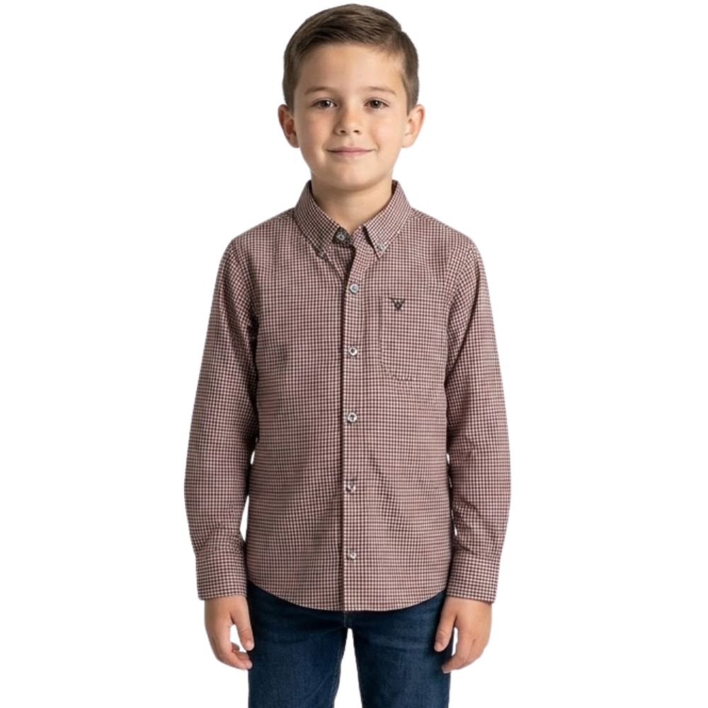 Camisa Infantil Texas Farm Manga Longa Xadrez Vermelho Marrom Logo Marrom Ref:CALMINI006/CALTEEN006
