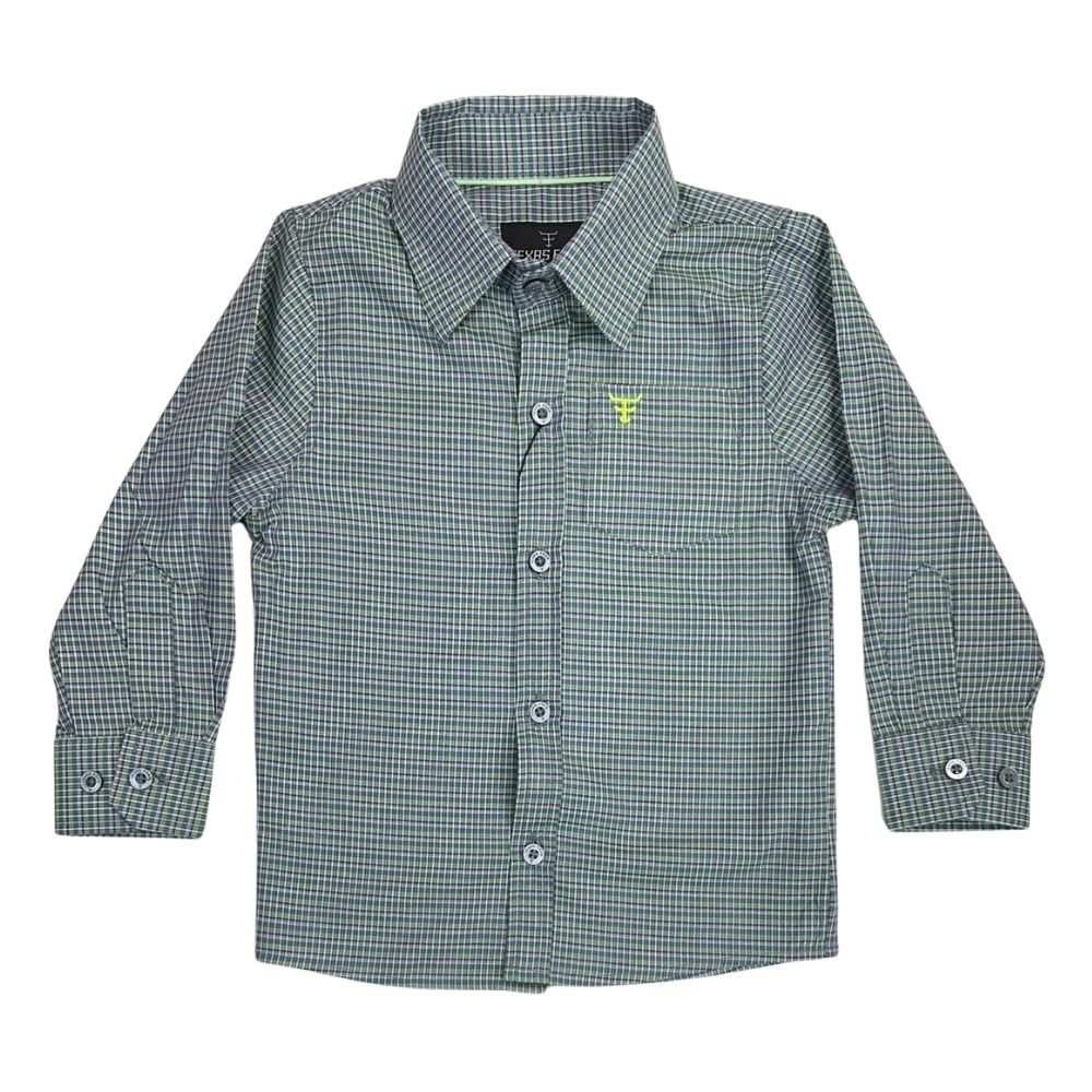 Camisa Infantil Texas Farm Manga Longa Xadrez Verde/Roxo Com Logo Amarelo Neon Ref.CAL129