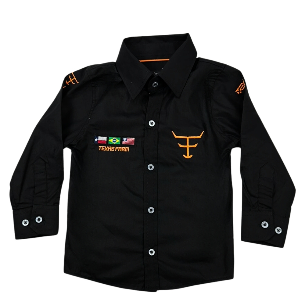 Camisa Infantil Texas Farm Preta De Competição Manga Longa Com Bordados Em Laranja - CPMINI001/CPTEEN001