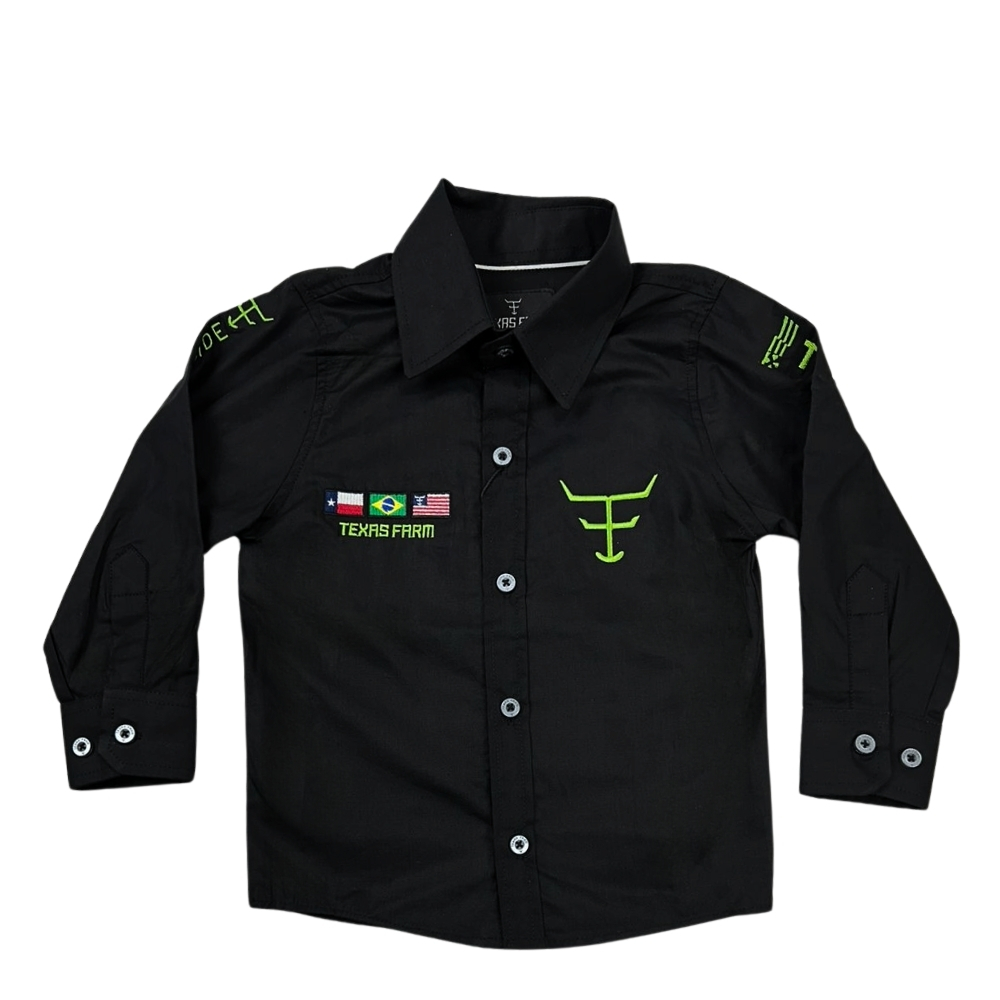 Camisa Infantil Texas Farm Preta De Competição Manga Longa Com Bordados Em Verde Limão - CPMINI001/CPTEEN001