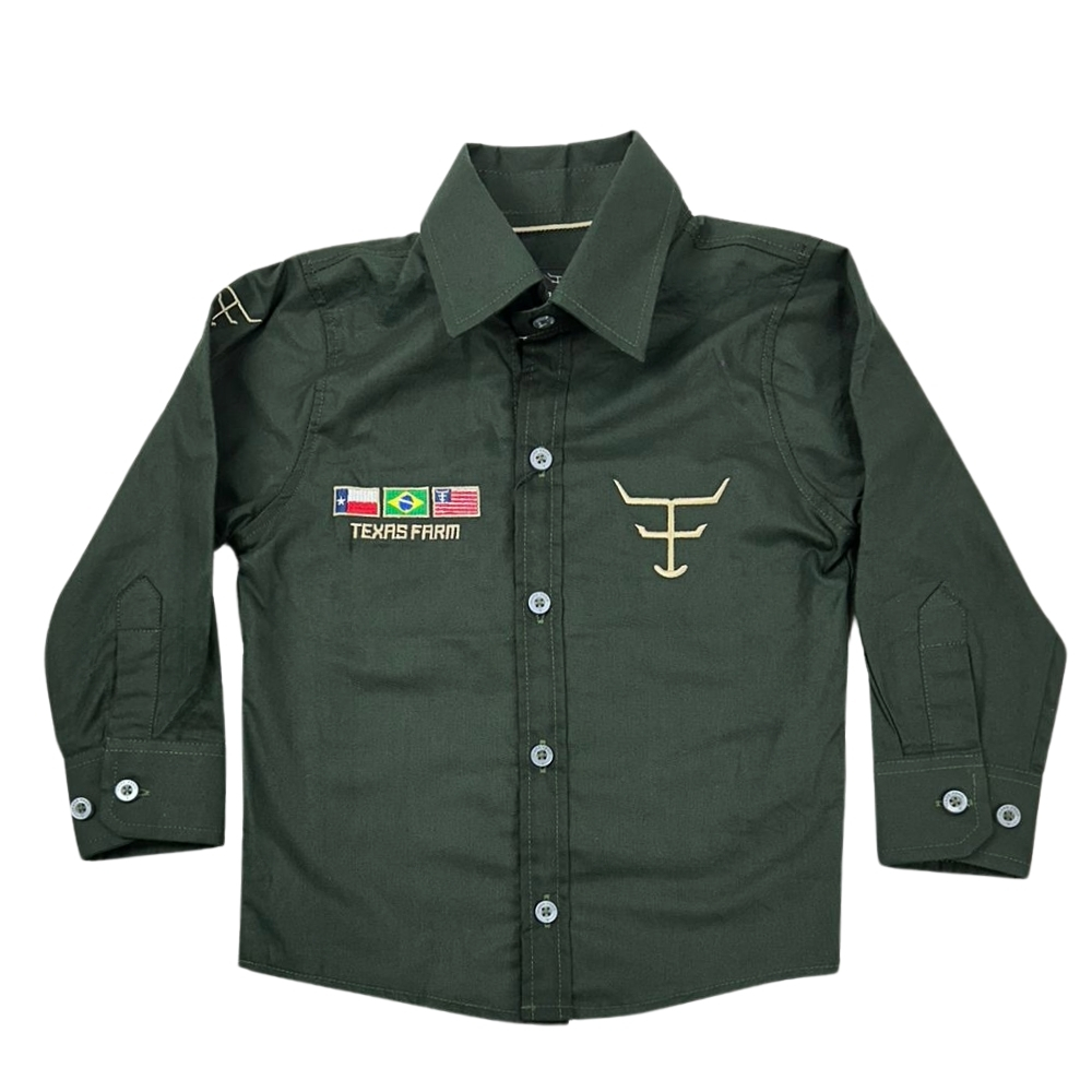 Camisa Infantil Texas Farm Verde Musgo De Competição M. Longa Com Bordados Em Caqui - CPMINI001/CPTEEN001