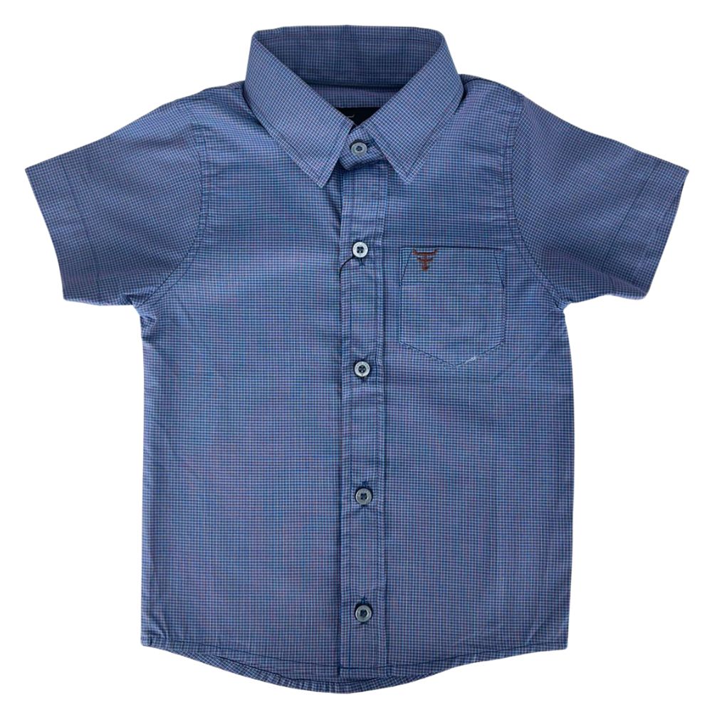 Camisa Infantil Texas Farm Xadrez Pequeno Azul Manga Curta Com Logo Marrom Ref:CAC118