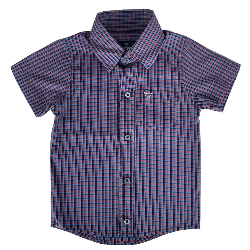 Camisa Infantil Texas Farm Xadrez Roxo Azul Manga Curta Com Logo Branco Ref:CAC145