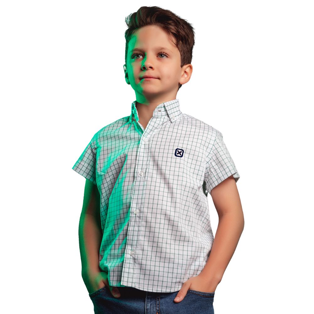 Camisa Infantil Txc Azul E Branco Custom Xadrez Manga Curta Ref:2725CI