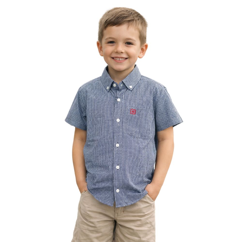 Camisa Infantil TXC Manga Curta Regular Tricoline Xadrez Marinho E Branco Logo Vermelho Ref:2763CI