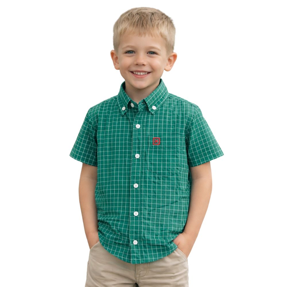 Camisa Infantil TXC Manga Curta Regular Tricoline Xadrez Verde Bordado Vermelho Ref:2712CI