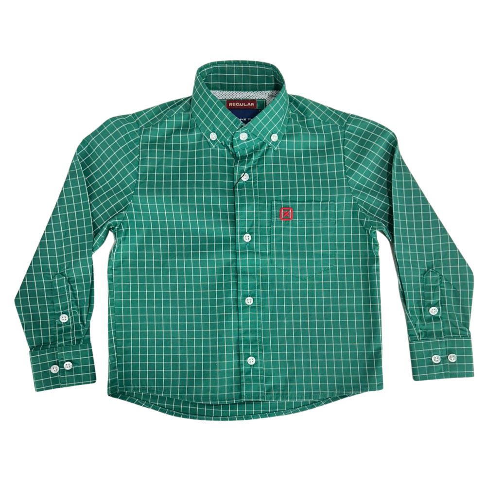 Camisa Infantil TXC Manga Longa Regular Tricoline Xadrez Verde Escuro e Branco Bordado Vermelho Ref:2718LI
