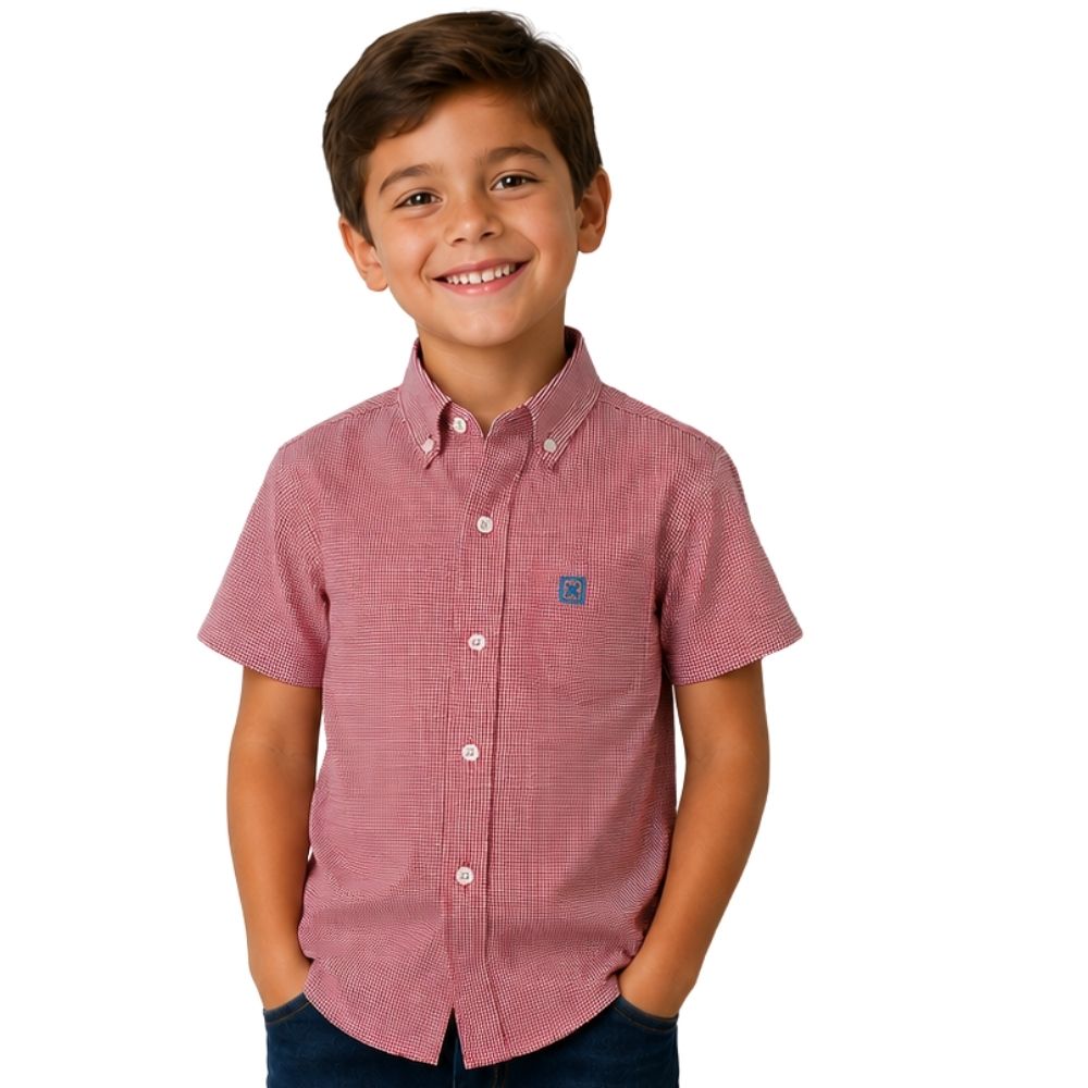 Camisa Infantil TXC Regular Tricoline Manga Curta Xadrez Vermelho Branco Logo Azul Claro REF2763CI