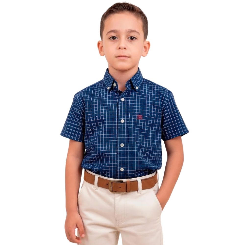 Camisa Infantil TXC Regular Tricoline Manga Curta Xadrez Azul Logo Vermelho REF:2712CI