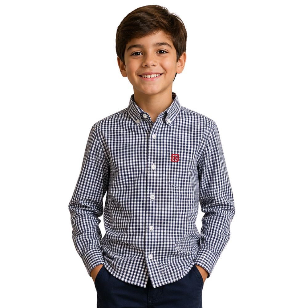 Camisa Infantil Txc Tricoline Xadrez Manga Longa Azul Marinho E Branco Com Logo Bordado Vermelho Bolso Ref:2705LI