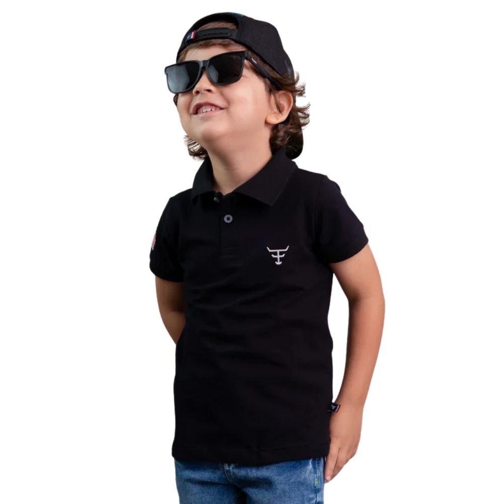 Camisa Polo Infantil Texas Farm Buckaroo Manga Curta Preto Logo Branco e Bandeira Ref:CPMMINI CPMTEEN0001