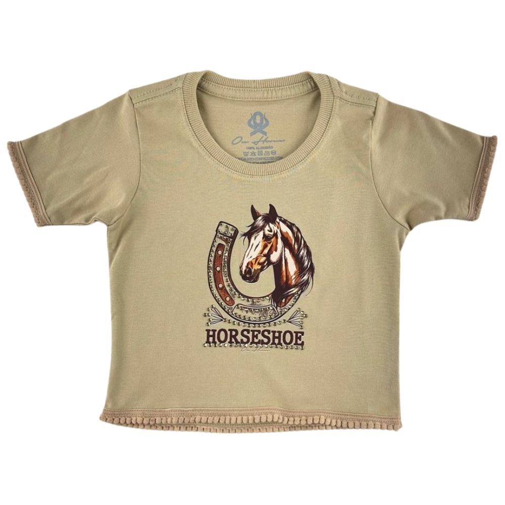 Cropped Infantil Ox Horns Bege Escuro Estampado Ferradura E Cavalo com Brilho Ref:5317
