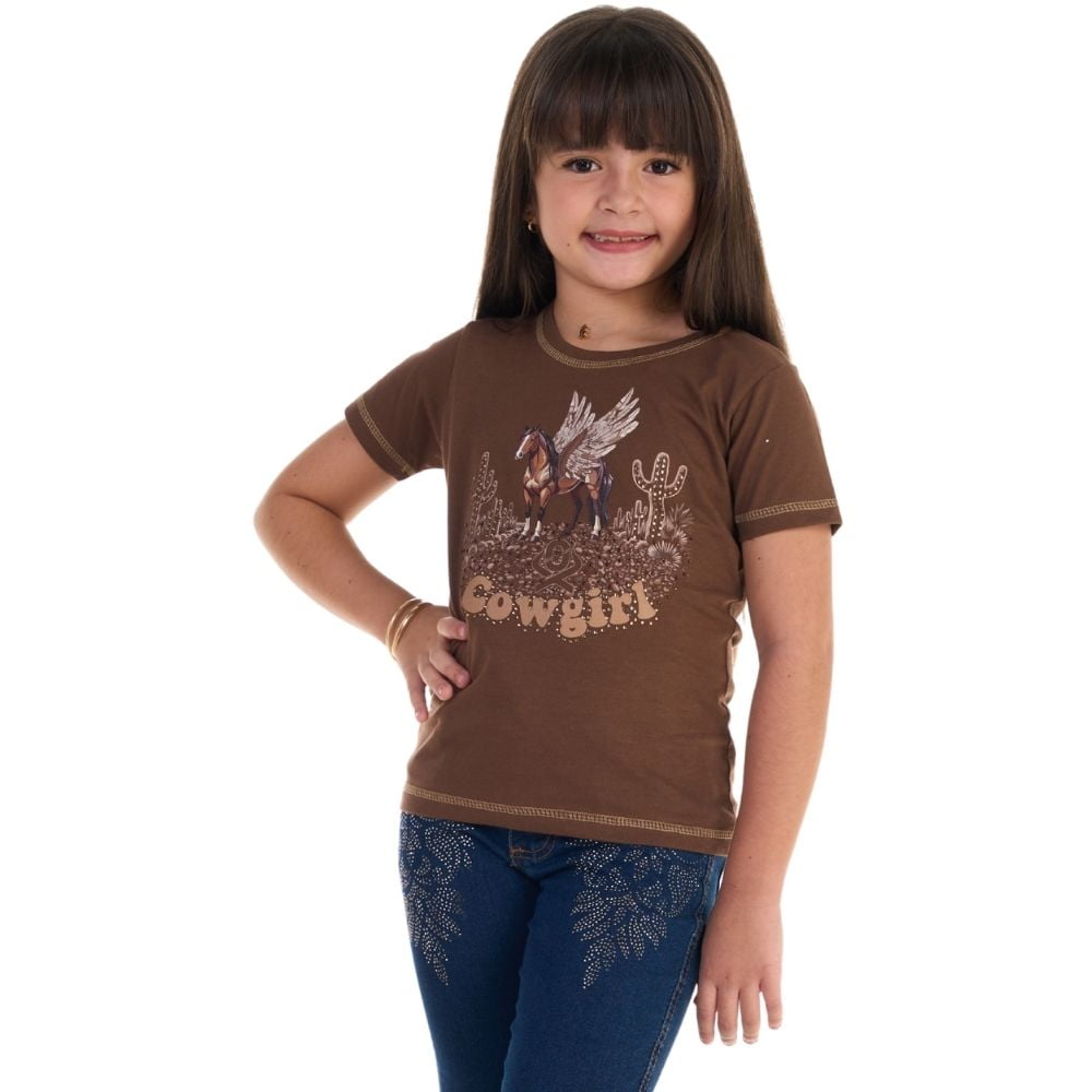 Camiseta Infantil Feminina Ox Horns Marrom Estampada Ref:5296