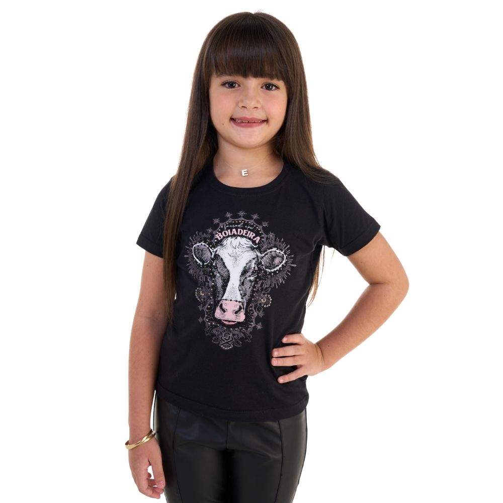 Camiseta Infantil Feminina Ox Horns Preta Boiadeira Com Strass Ref:5289