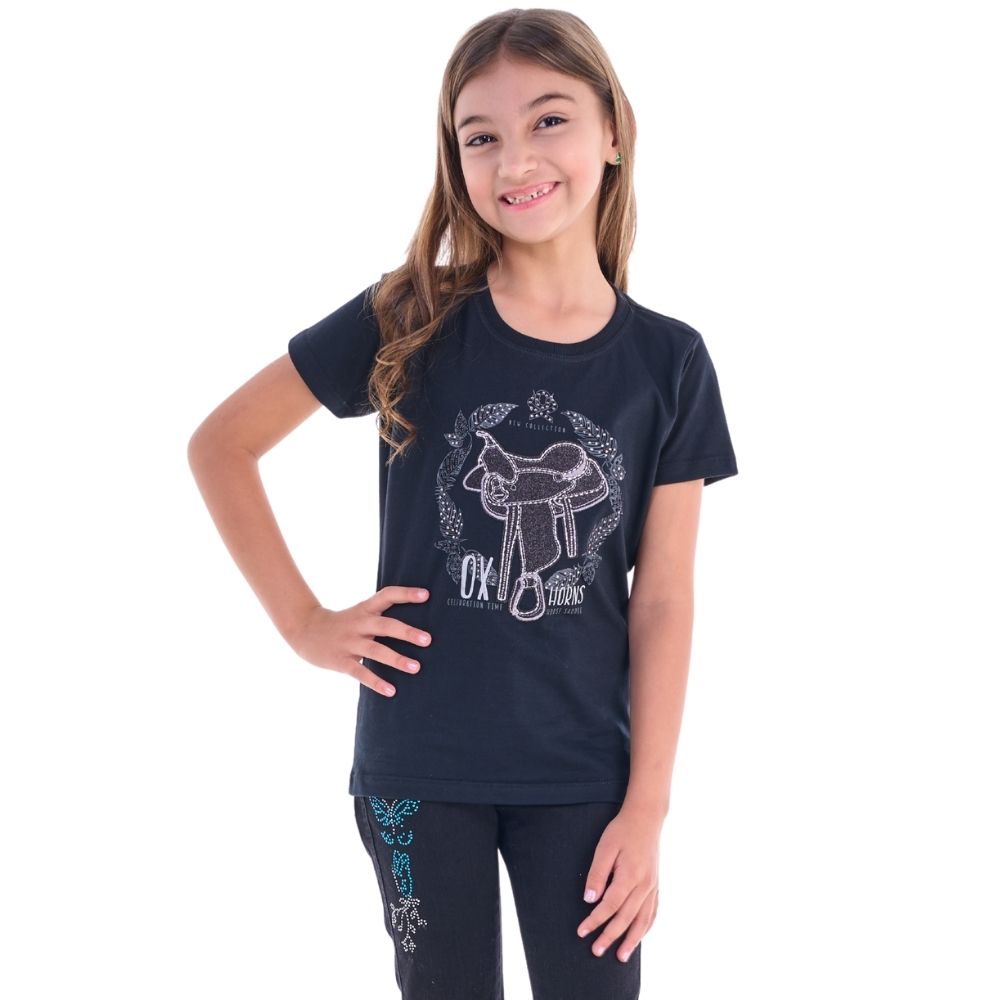 Camiseta Infantil Feminina Ox Horns T-shirt Preta Sela Com Strass Ref:5310