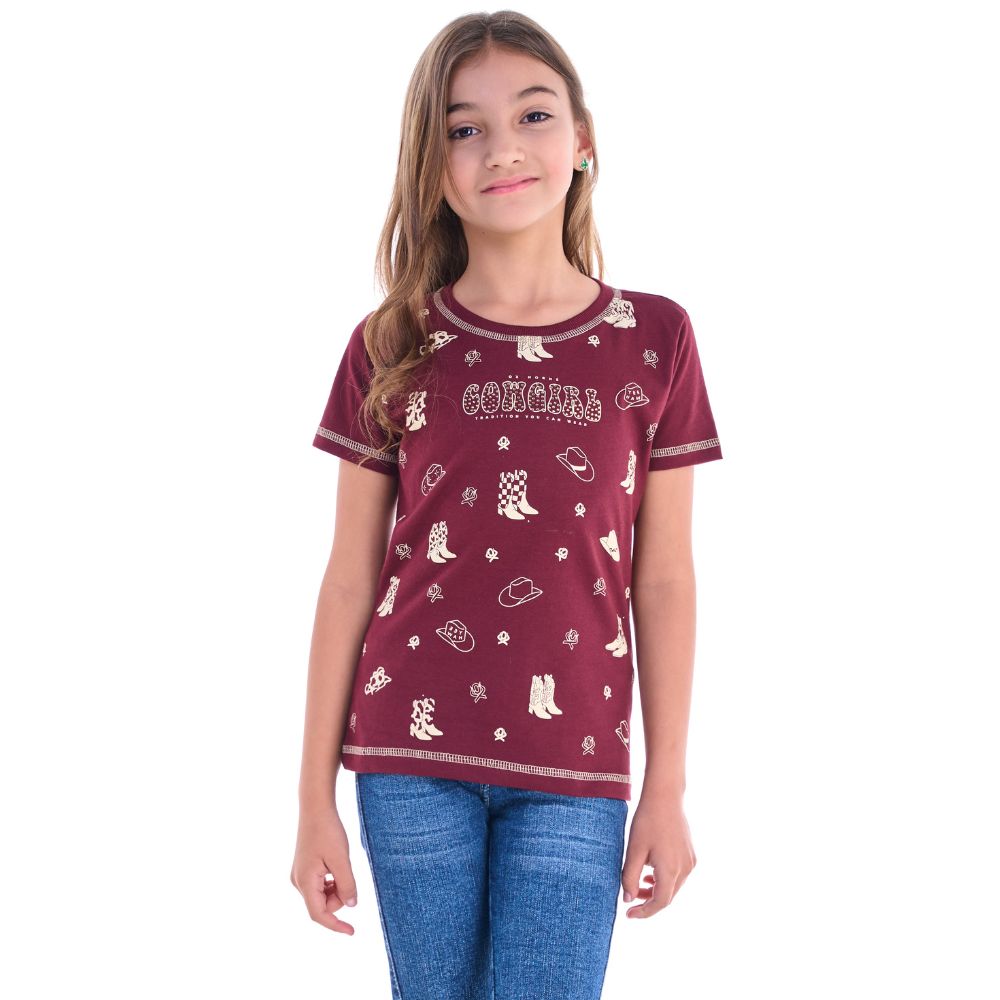 Camiseta Infantil Feminina Ox Horns T-Shit Manga Curta Vinho Estampa Cowgirl Com Brilho Ref:5314