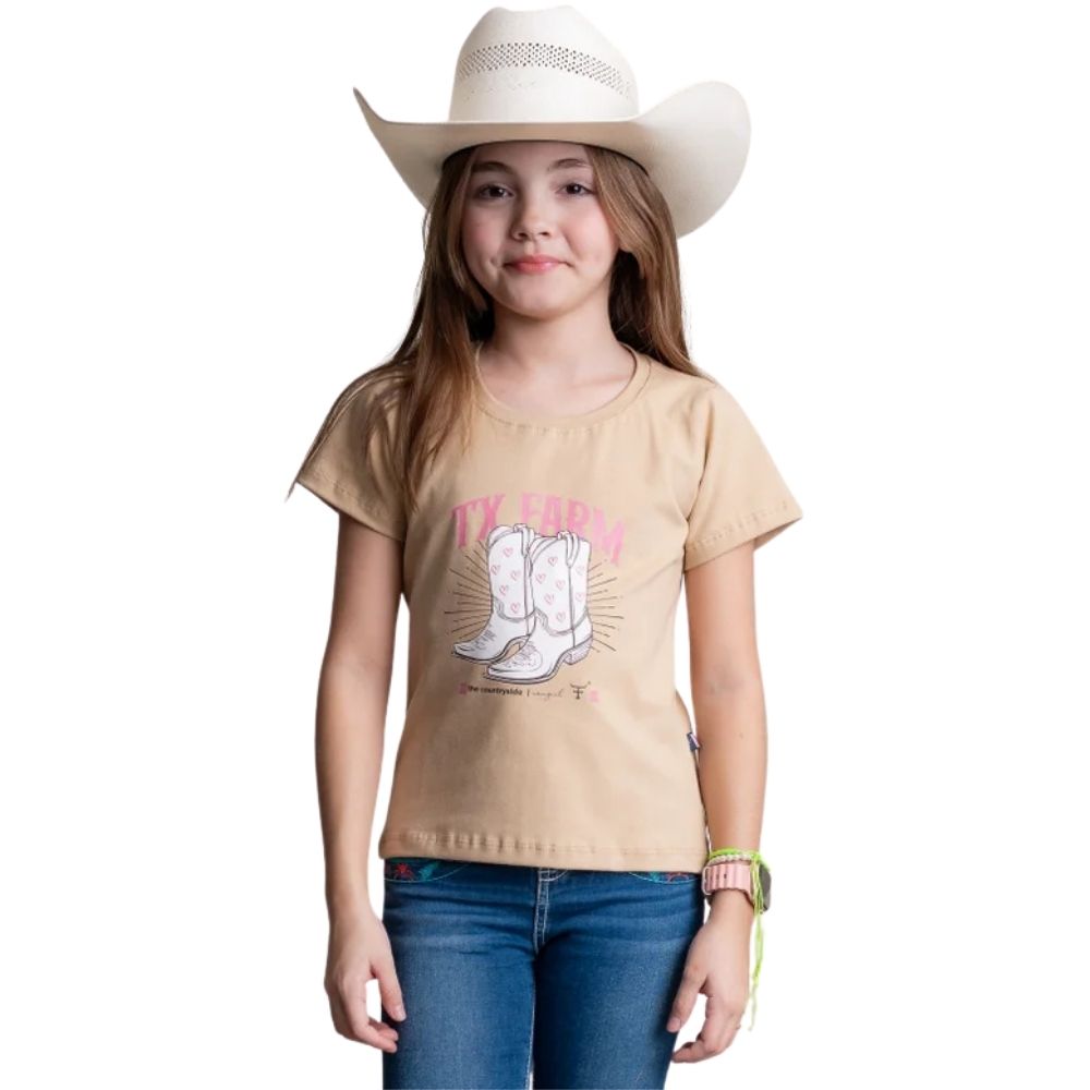 Camiseta Infantil Feminina Texas Farm Backyard Manga Curta Bege Areia Estampa Botas Ref: CTF039