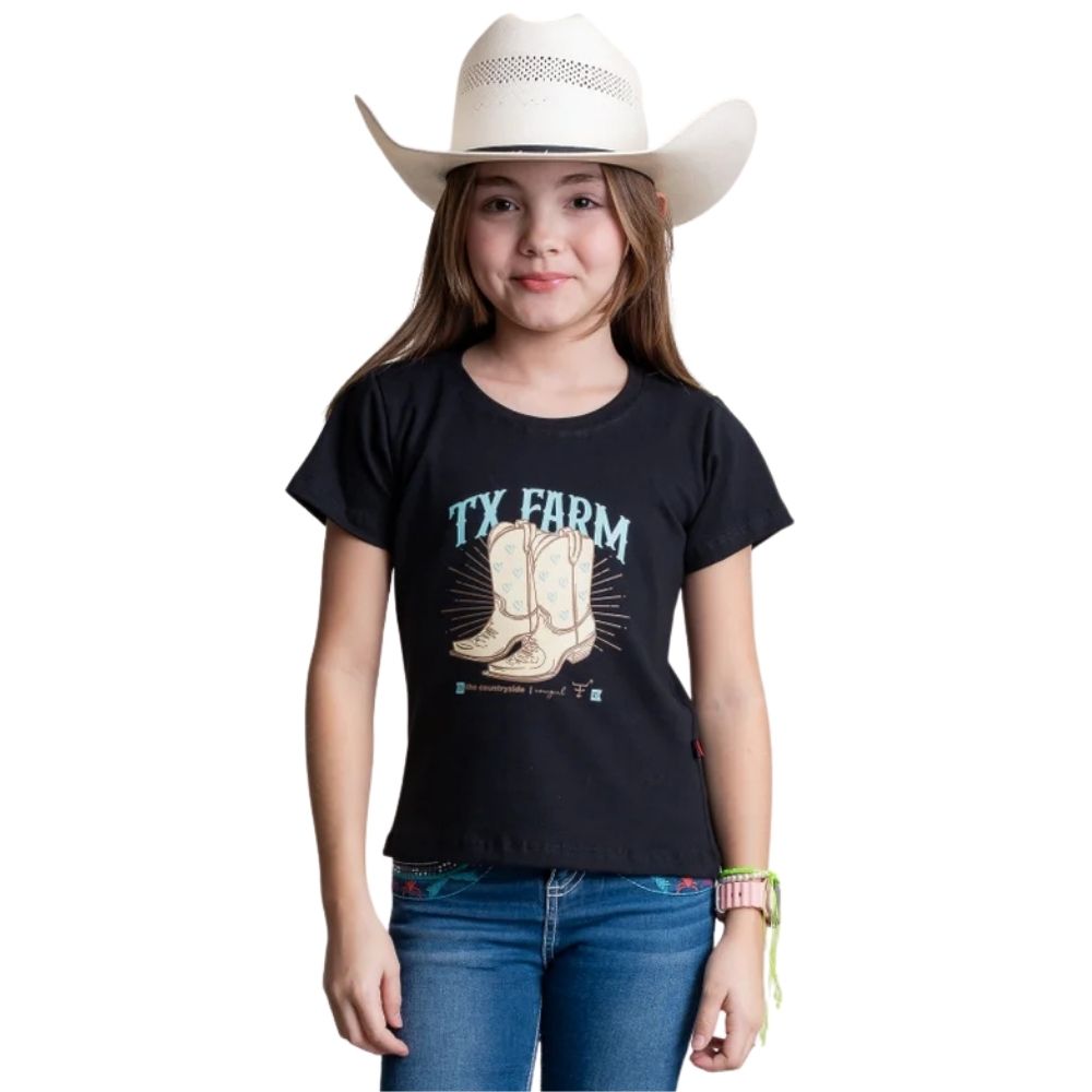 Camiseta Infantil Feminina Texas Farm Backyard Manga Curta Preto Estampa Botas Ref: CTF039