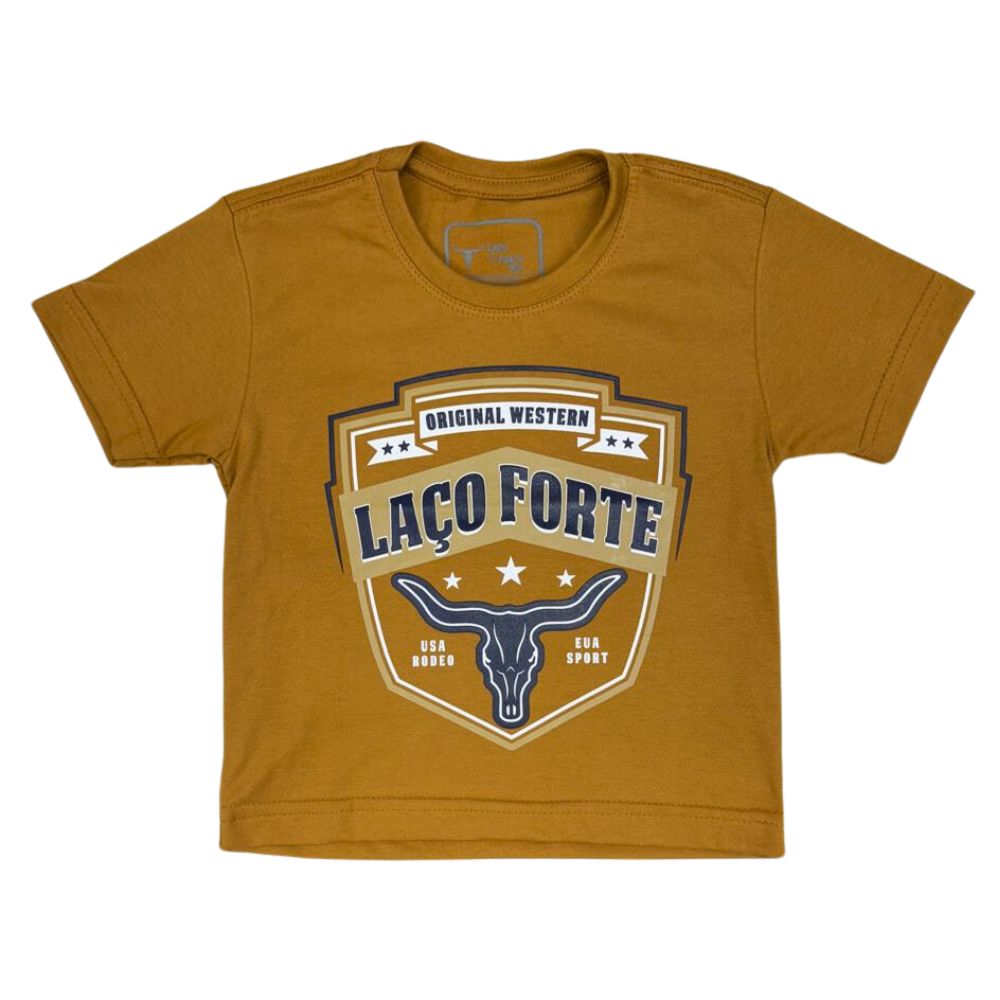 Camiseta Infantil Masculina Laço Forte Manga Curta Ocre/Caramelo C/ Estampa Logo Azul Ref: 391