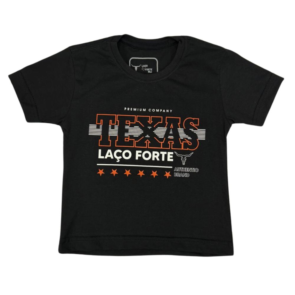 Camiseta Infantil Masculina Laço Forte Manga Curta Preto  C/ Estampa Logo Branco/Laranja Ref: 391