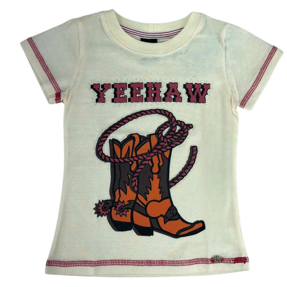 Camiseta Infantil Miss Country T Shirt Bege Yee Manga Curta Com Desenho De Bota Ref: 3143