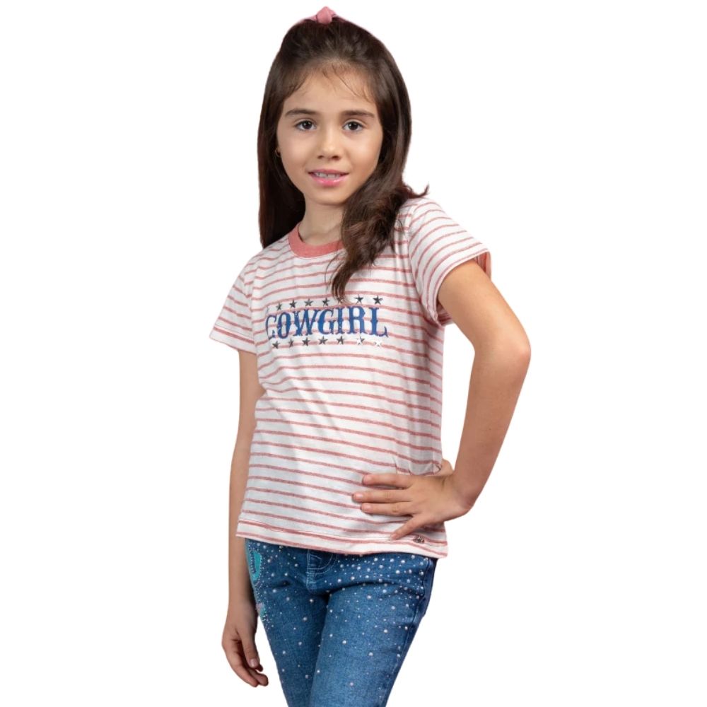 Camiseta Infantil Miss Country T-Shirt Manga Curta Listrada Vermelha Estampa Cowgirl E Estrelas  Ref:3324