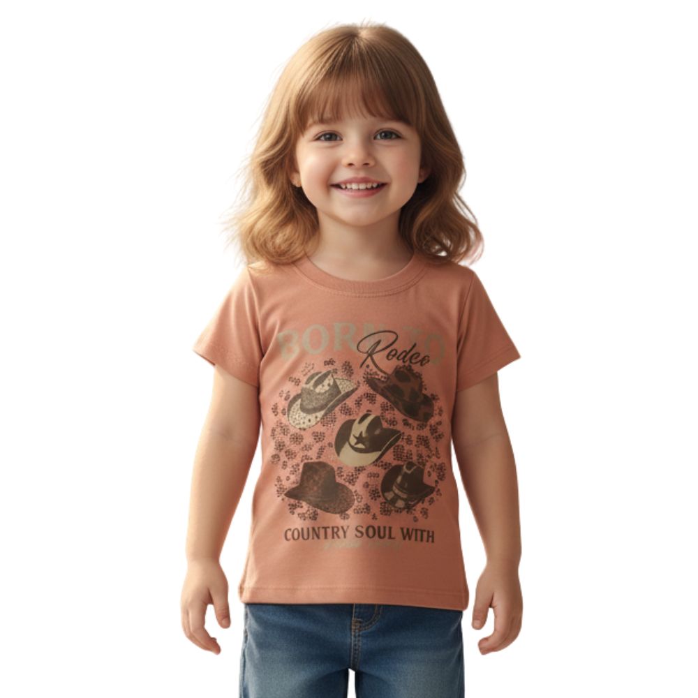 Camiseta Infantil Miss Country T-Shirt Peach Cowgirl Pêssego Estampa Chapéus E Bordado De Brilho Ref:003393