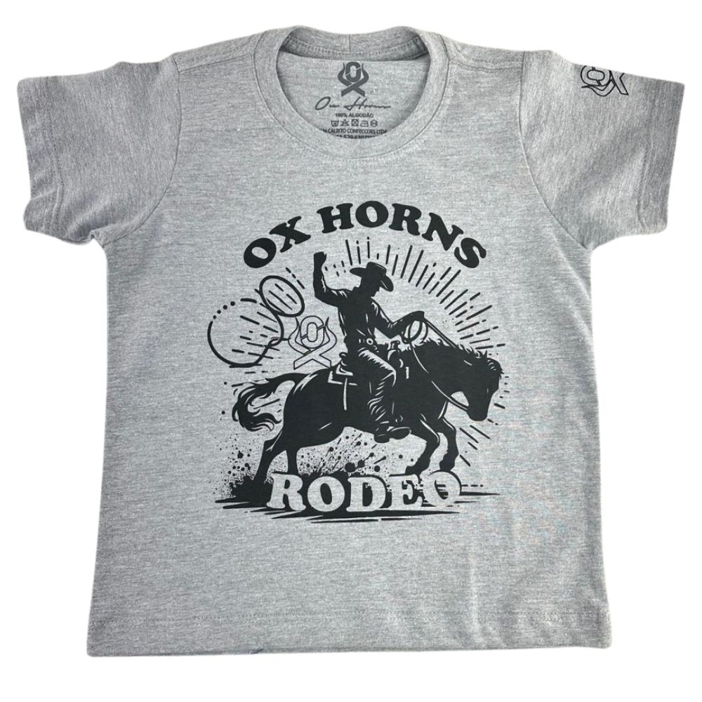 Camiseta Infantil Ox Horns Cinza Mescla Estampa Cowboy Rodeo Em Preto Ref:5330