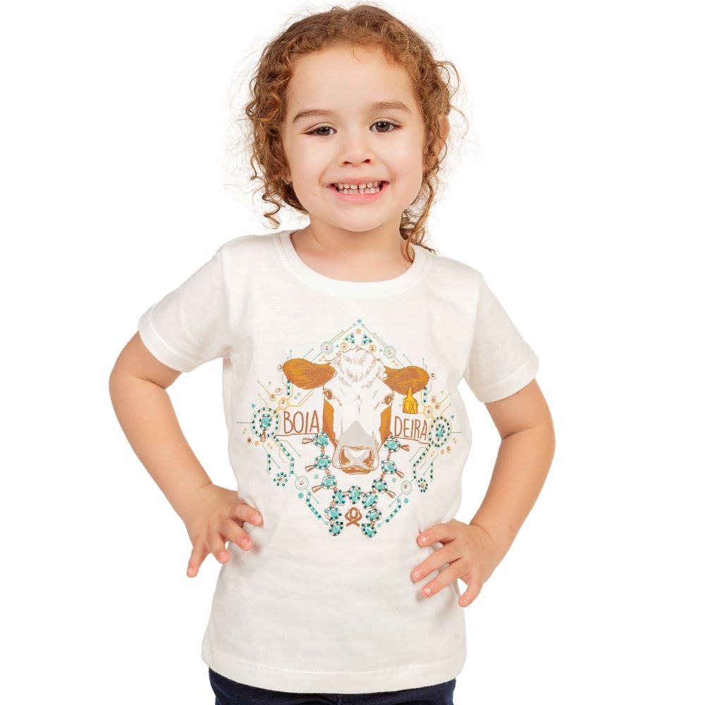 Camiseta Infantil Ox Horns Feminina Creme Manga Curta Com Desenho De Vaca Boiadeira Ref.5233