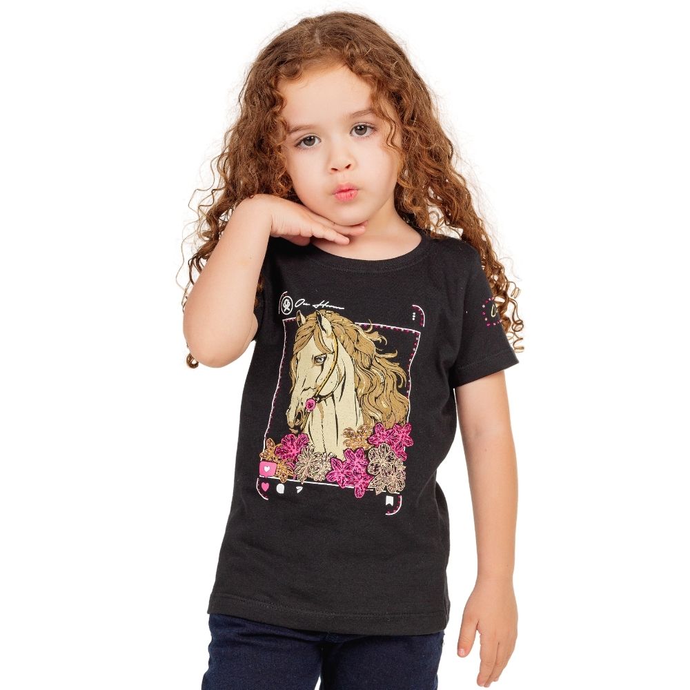 Camiseta Infantil Ox Horns Feminina Preta Manga Curta Com Desenho de Cavalo e Flores Ref.5226