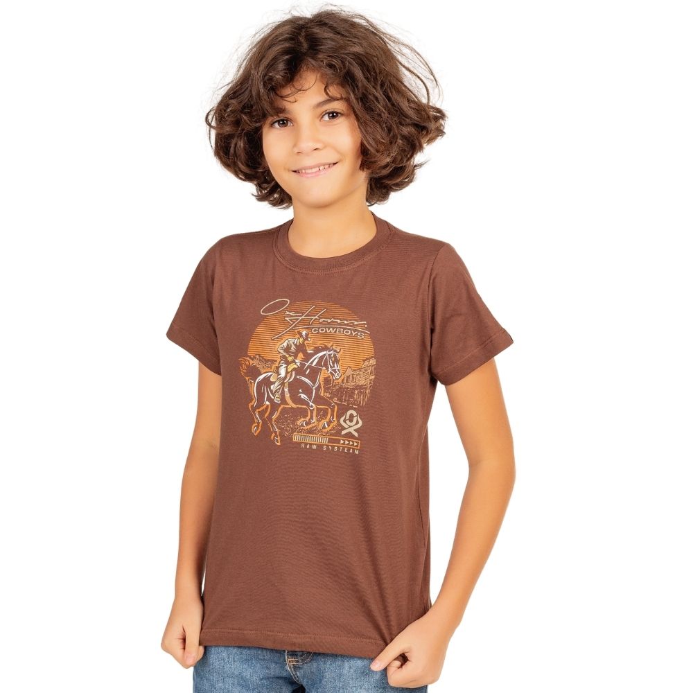 Camiseta Infantil Ox Horns Masculina Marrom Manga Curta Com Desenho de Cavalo Cowboys Ref.5241