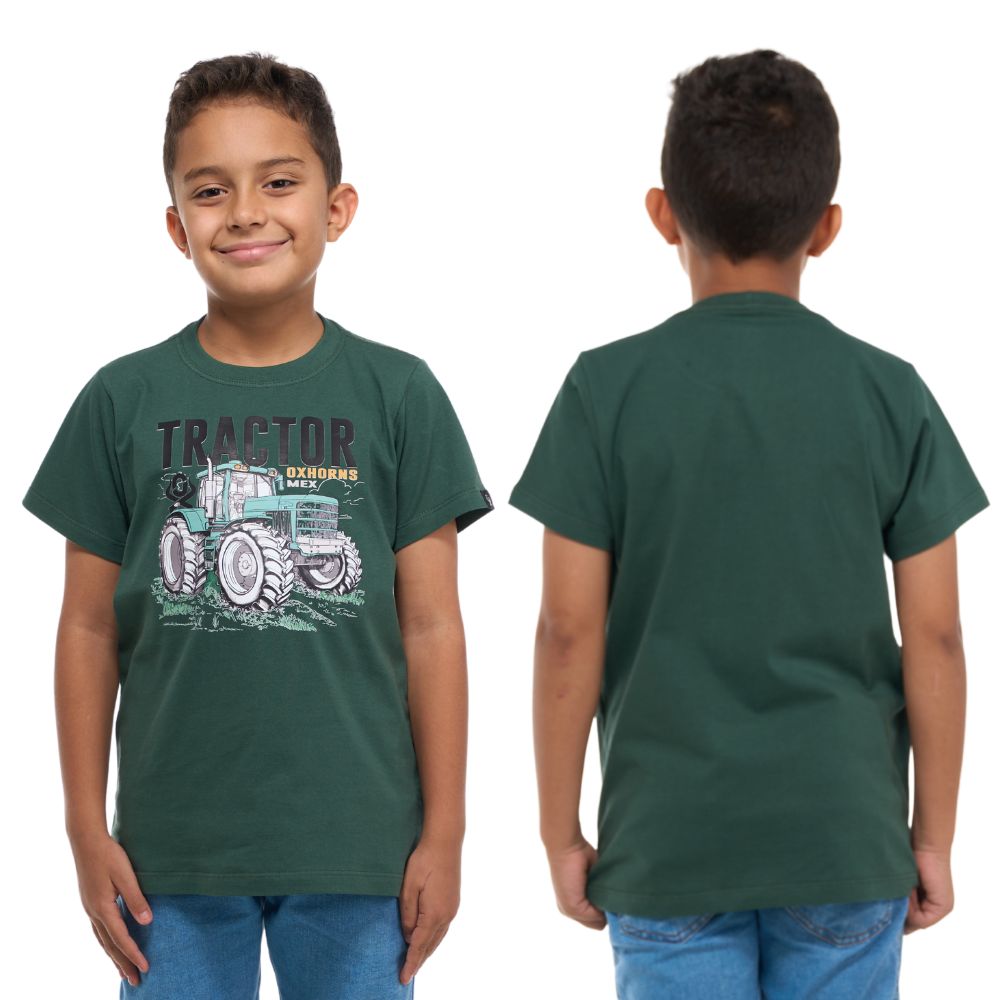 Camiseta Infantil Ox Horns Verde Militar Com Desenho De Trator Ref.5261