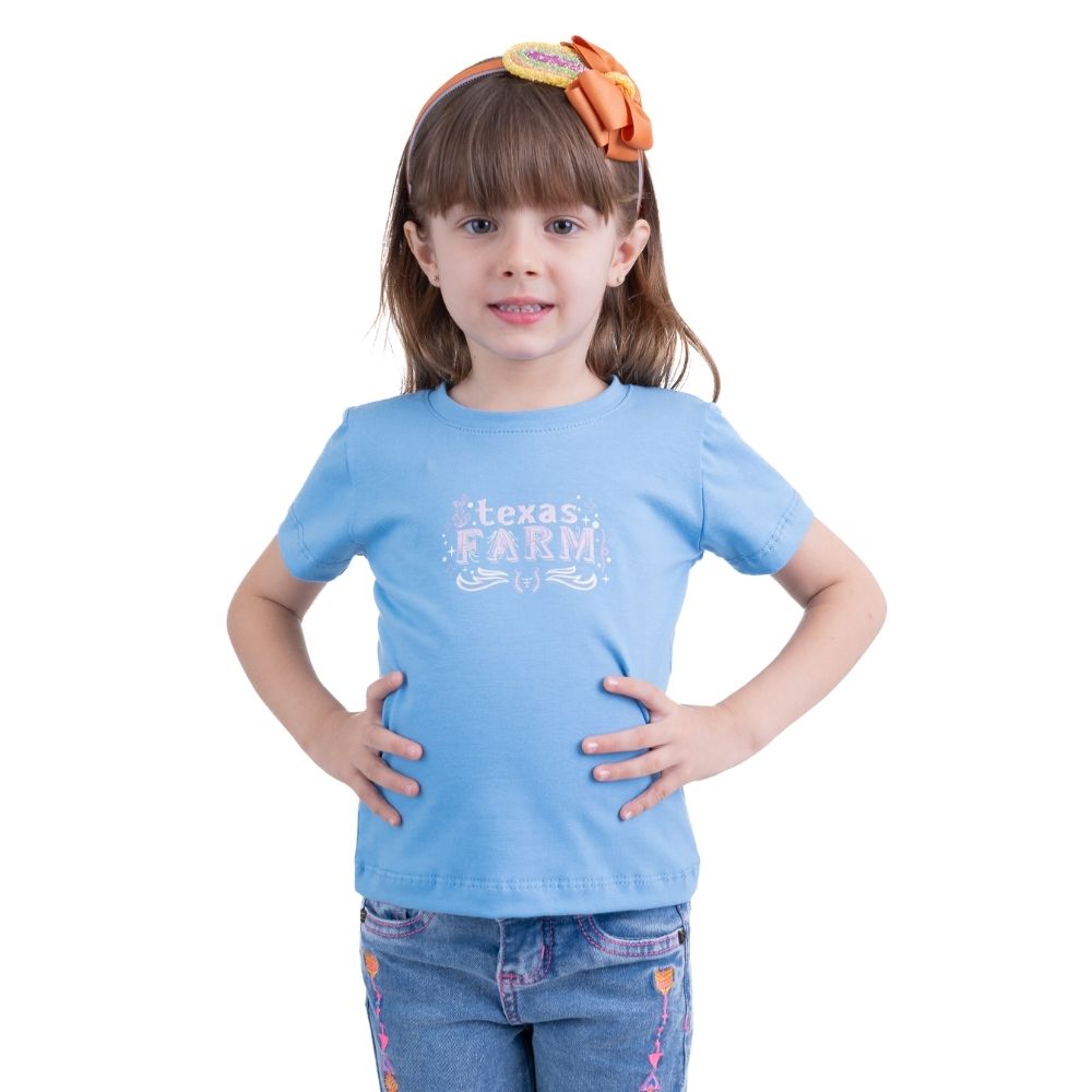 Camiseta Infantil Texas Farm Azul Maya Com Logo em Rosa BB Ref.CIF023