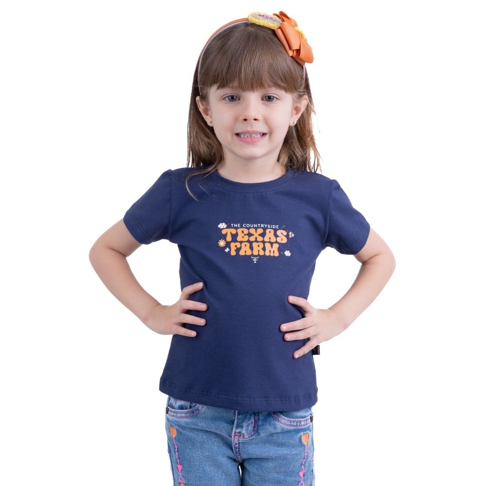 Camiseta Infantil Texas Farm Manga Curta Azul Marinho Com Logo Laranja Ref.CIF028