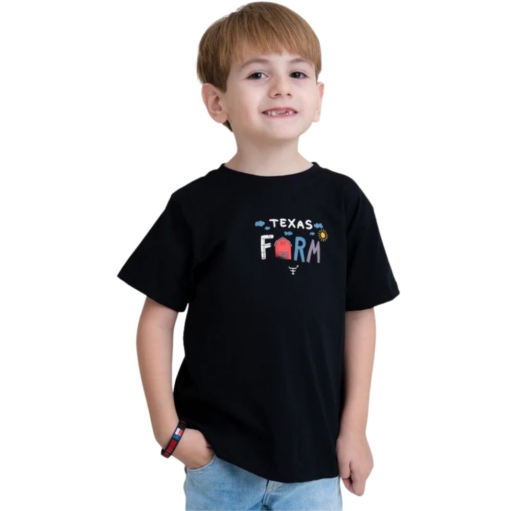 Camiseta Infantil Texas Farm Manga Curta Preto Estampa Celeiro Ref: CIM035