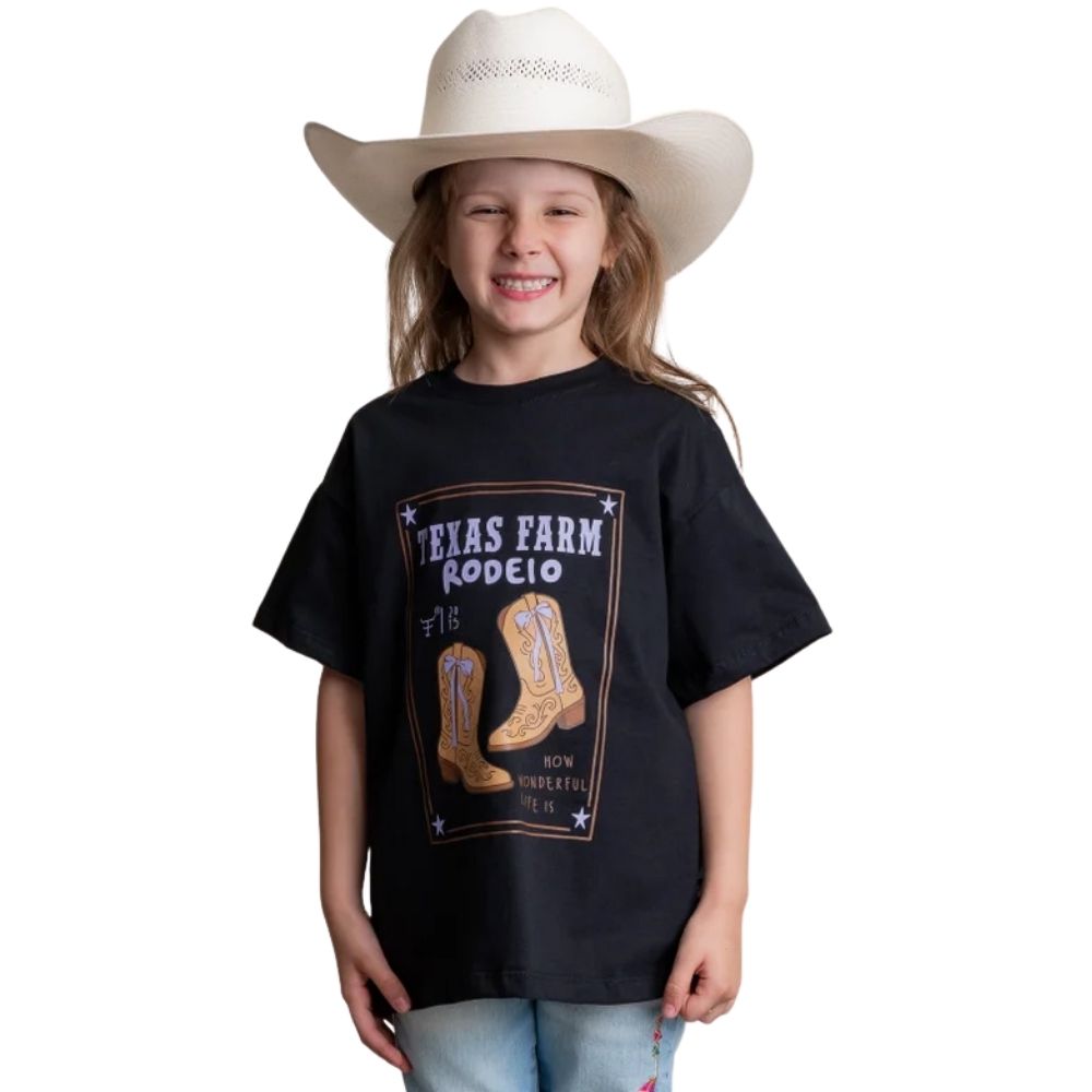 Camiseta Infantil Texas Farm Mini Over Teen Fun Preto Manga Curta Estampa Cavalos Ref: COTEEN001