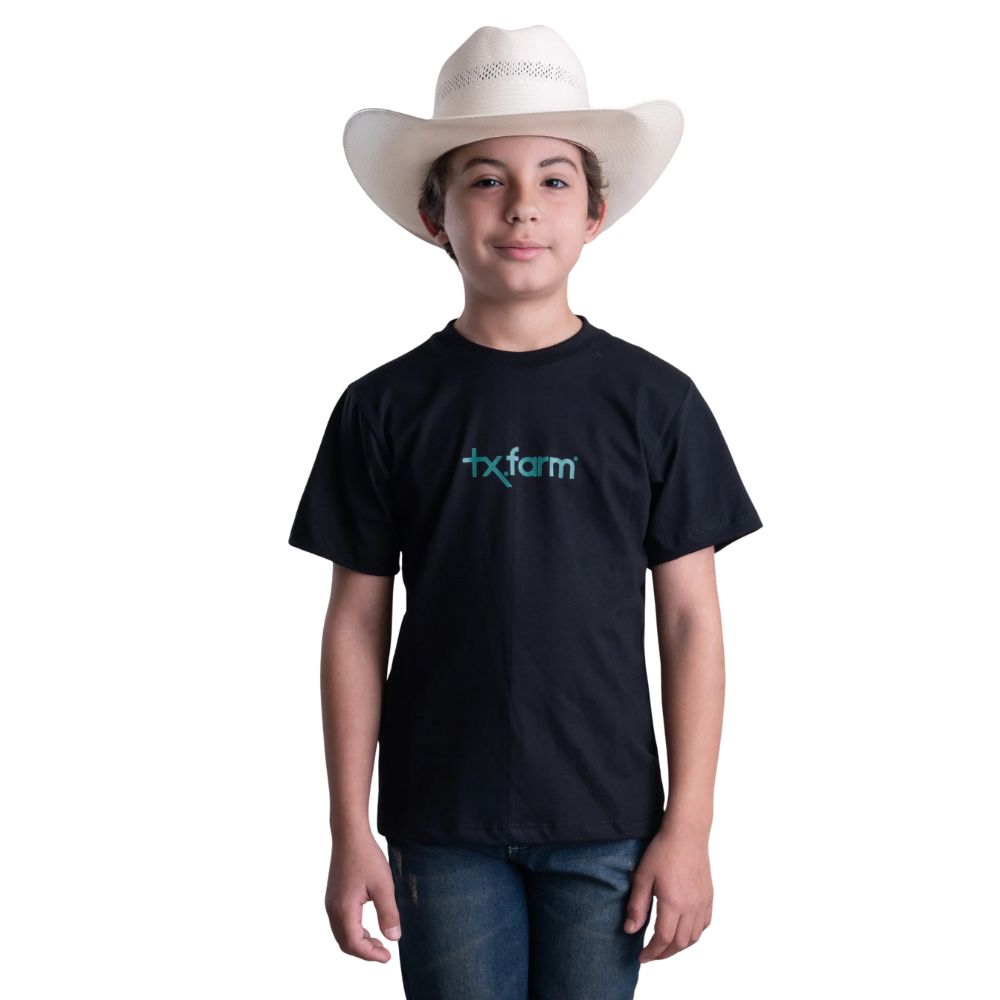 Camiseta Infantil Texas Farm Preto Petróleo Com Logo Verde Ref:CTM0001