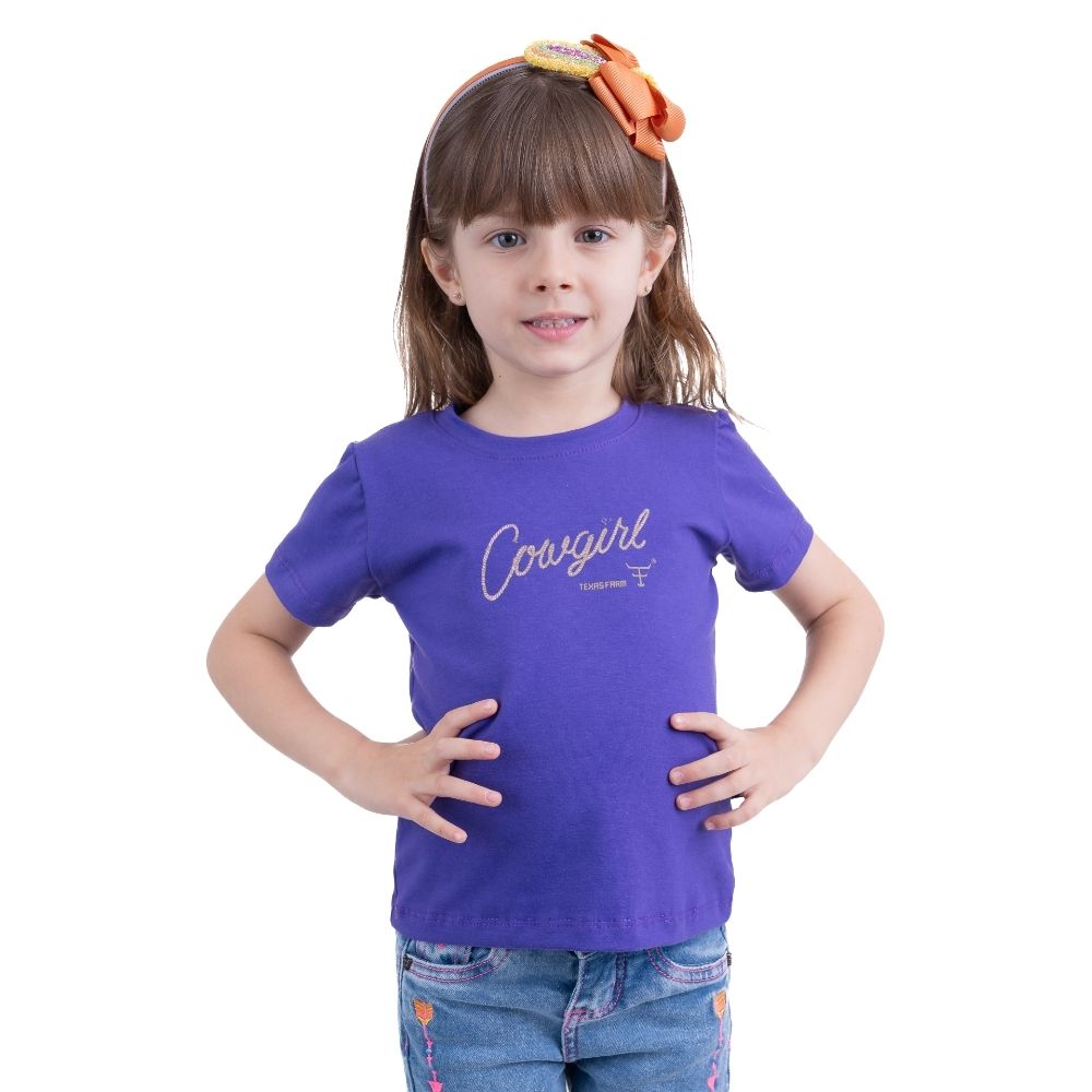 Camiseta Infantil Texas Farm Roxo Mirtilo Manga Curta Com Logo Cowgirl Ref.CIF027