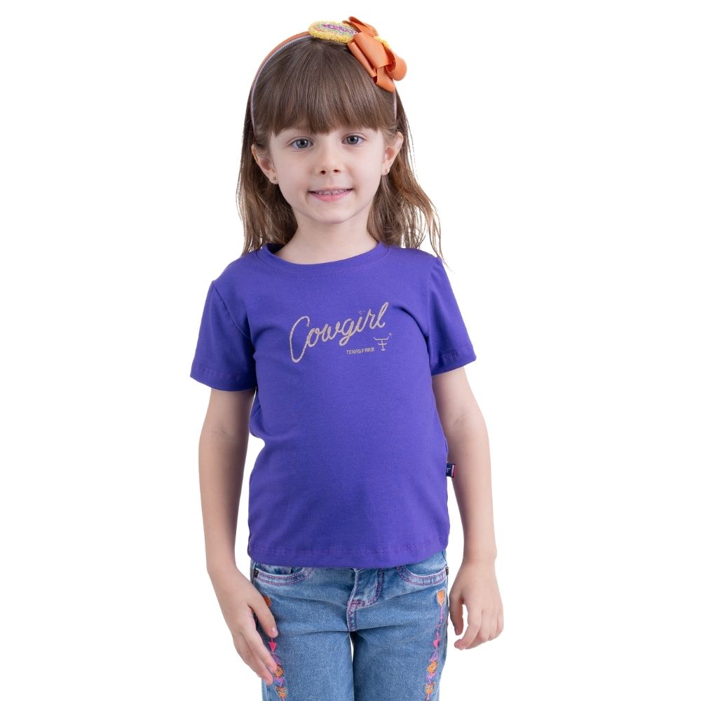 Camiseta Infantil Texas Farm Roxo Mirtilo Manga Curta Com Logo